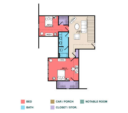 Second Floor: 2BR, 1BA, Loft, 2 WICs. 9' ceilings, sloped ceiling in BR 4, stairs. House Plan # 1070-00374 Second Floor Floor Plan Drawing by America's Best House Plans, Inc.