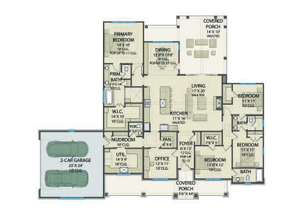 Main Floor: 4BR, 3.5BA, Kitchen, Dining, Vaulted Living, Office, Mudroom, Ldry, 2-car garage, 2 Covered Porches, 2 WICs. House Plan # 3571-00041 Main Floor  Floor Plan Drawing by America's Best House Plans, Inc.