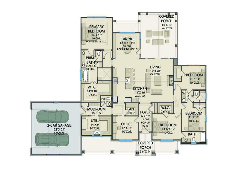 Main Floor: 4BR, 3.5BA, Kitchen, Dining, Vaulted Living, Office, Mudroom, Ldry, 2-car garage, 2 Covered Porches, 2 WICs. House Plan # 3571-00041 Main Floor  Floor Plan Drawing by America's Best House Plans, Inc.