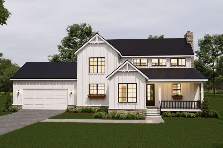 White Modern Farmhouse, Front Elevation, board-and-batten siding, black metal roof, stone base, porch, flower boxes. House Plan # 940-01466 Digital Rendering by America's Best House Plans, Inc.