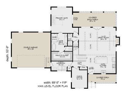 Main Floor: 1BR, 1.5BA, Vaulted Great Room, Kitchen, Office, Mudroom, 2-car garage, 2 covered porches, F/P, WIC, Stairs. House Plan # 940-01466 Main Floor  Floor Plan Drawing by America's Best House Plans, Inc.
