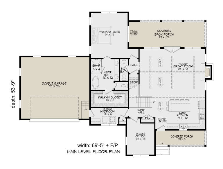 Main Floor: 1BR, 1.5BA, Vaulted Great Room, Kitchen, Office, Mudroom, 2-car garage, 2 covered porches, F/P, WIC, Stairs. House Plan # 940-01466 Main Floor  Floor Plan Drawing by America's Best House Plans, Inc.