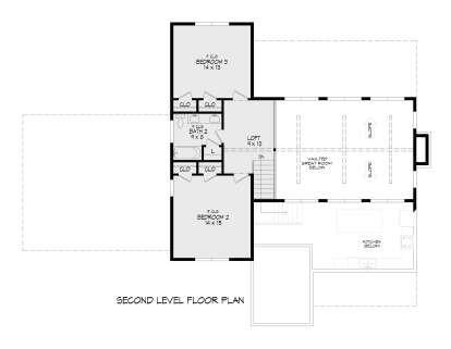 Second Floor: 2BR, 1BA, Loft, 4 closets, stairs. 9' ceilings in BRs and BA. Overlooks vaulted great room and kitchen. House Plan # 940-01466 Second Floor Floor Plan Drawing by America's Best House Plans, Inc.
