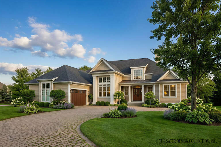 Tan Traditional, Angled Front Elevation, shingle siding, paver driveway, lush landscaping, and wooden garage doors. House Plan # 8436-00155 Digital Rendering by America's Best House Plans, Inc.