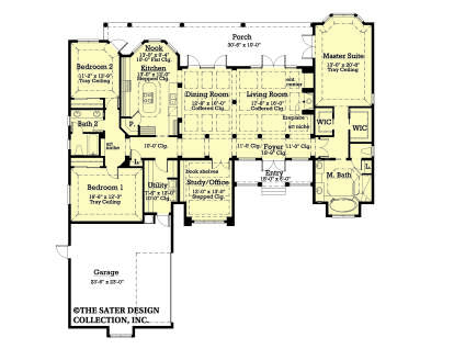 Main Floor: 3BR, 2.5BA, Living, Dining, Kitchen, Nook, Study, Ldry, 2-car garage, Porch, Fireplace, WICs, Tray/Coffered clgs. House Plan # 8436-00155 Main Floor Floor Plan Drawing by America's Best House Plans, Inc.