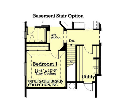 Basement Stairs Location: 1BR, 1BA, Utility room, art niche. Bedroom 1 features tray ceiling. House Plan # 8436-00155 Basement Stairs Location Floor Plan Drawing by America's Best House Plans, Inc.