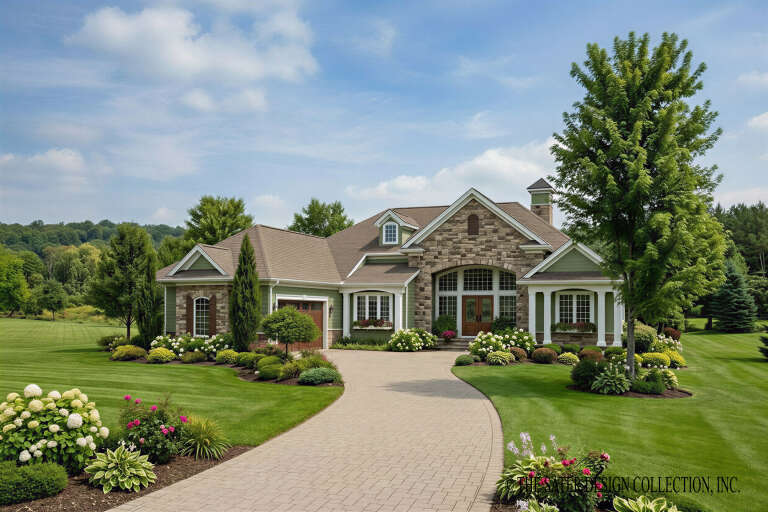Green European, Angled Front Elevation, stone veneer, lap siding, arched entryway, paved driveway, lush landscaping. House Plan # 8436-00156 Digital Rendering by America's Best House Plans, Inc.