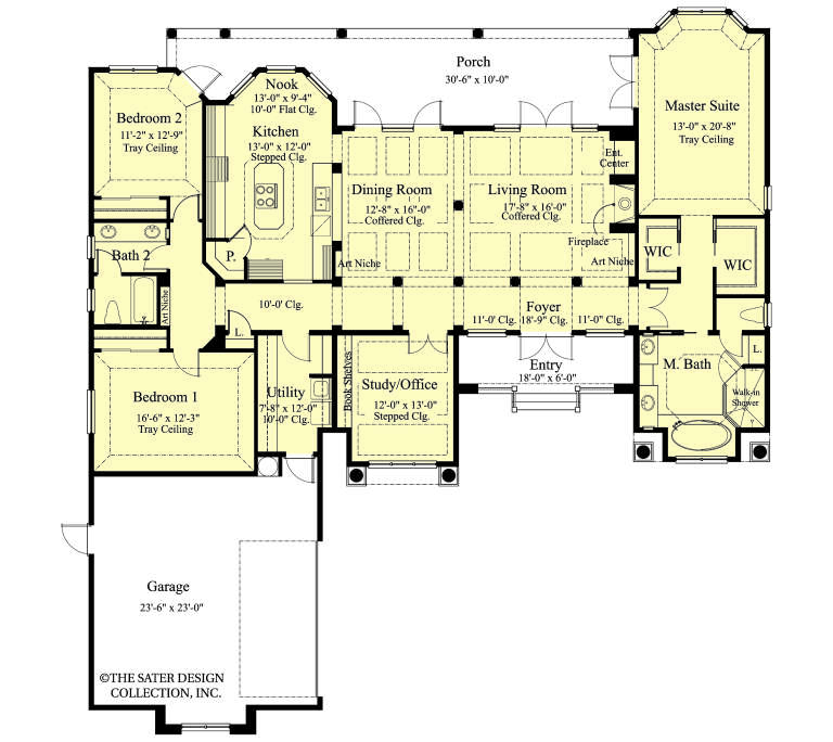 Main Floor: 3BR, 2.5BA, Living, Dining, Kitchen, Nook, Study, Ldry, 2-car garage, Porch, Fireplace, 2 WIC, Tray ceilings. House Plan # 8436-00156 Main Floor Floor Plan Drawing by America's Best House Plans, Inc.