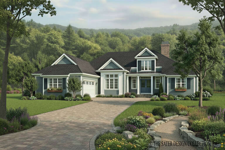 Blue Traditional, Angled Front Elevation, lap siding, brick chimney, paver driveway, lush landscaping, window boxes. House Plan # 8436-00157 Digital Rendering by America's Best House Plans, Inc.