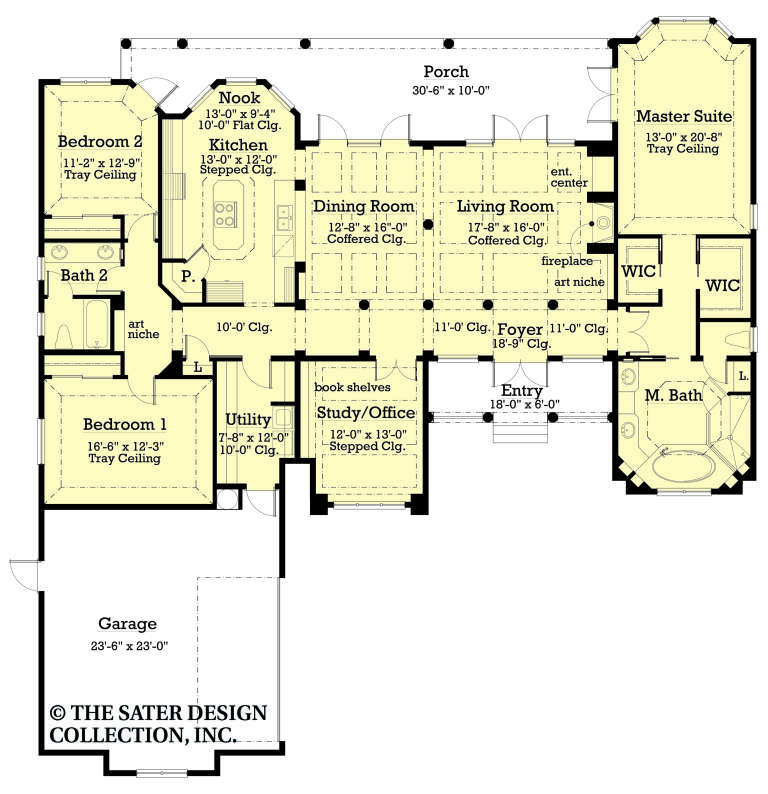 Main Floor: 3BR, 2.5BA, Living, Dining, Kitchen, Nook, Study, Ldry, 2-car garage, Porch, 2 WIC, Fireplace, Tray/Coffered Clg. House Plan # 8436-00157 Main Floor Floor Plan Drawing by America's Best House Plans, Inc.