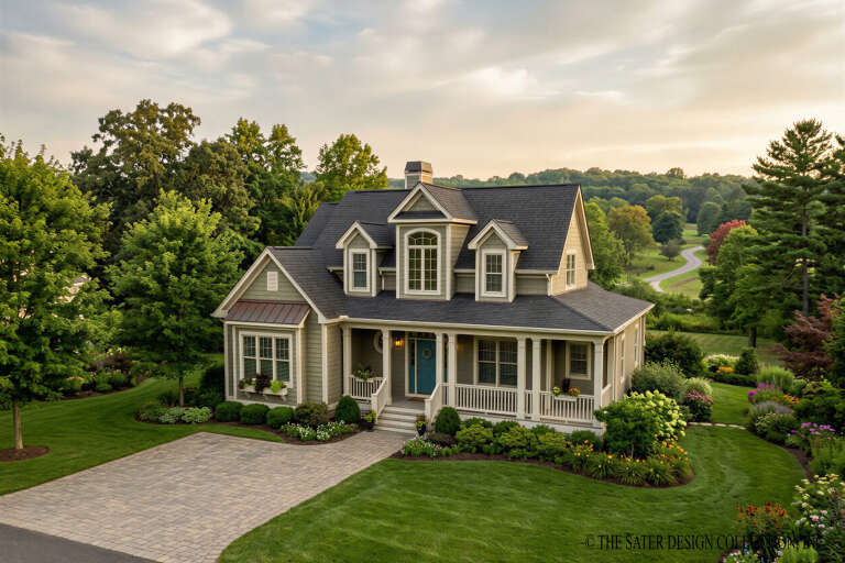 Sage Green Cottage, Angled Front Elevation, shingle siding, blue door, wraparound porch, dormers, lush garden, paver path. House Plan # 8436-00158 Digital Rendering by America's Best House Plans, Inc.