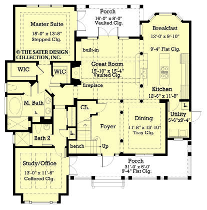 Main Floor: 2BR, 2BA, Study, Great Room, Kitchen, Brkfst, Dining, Foyer, Ldry. 2 Porches, 2 WIC, fireplace, stairs. House Plan # 8436-00158 Main Floor Floor Plan Drawing by America's Best House Plans, Inc.