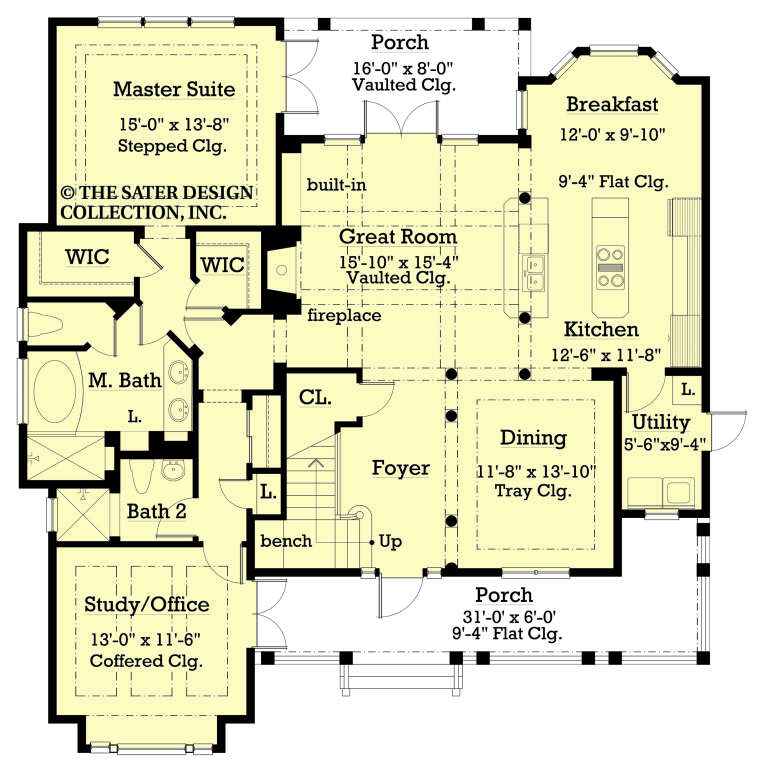 Main Floor: 2BR, 2BA, Study, Great Room, Kitchen, Brkfst, Dining, Foyer, Ldry. 2 Porches, 2 WIC, fireplace, stairs. House Plan # 8436-00158 Main Floor Floor Plan Drawing by America's Best House Plans, Inc.