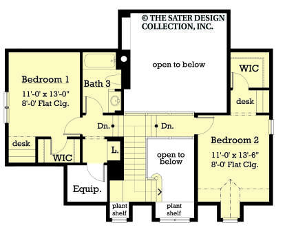 Second Floor: 2BR, 1BA, 2 WICs, 2 desks, stairs, equipment room, plant shelves, open to below areas. 8' flat ceilings. House Plan # 8436-00158 Second Floor Floor Plan Drawing by America's Best House Plans, Inc.