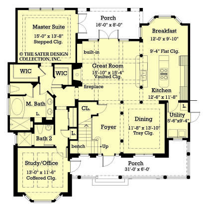 Main Floor: 1BR, 2BA, Great Room, Kitchen, Brkfst, Dining, Study, Ldry, 2 Porches, Fireplace, 2 WICs. Vaulted/Tray/Coffered. House Plan # 8436-00159 Main Floor Floor Plan Drawing by America's Best House Plans, Inc.