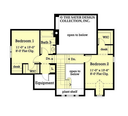 Second Floor: 2BR, 1BA, 2 WIC, 2 desks, Equipment room, stairs, plant shelf, open to below areas. 8' flat ceilings. House Plan # 8436-00159 Second Floor Floor Plan Drawing by America's Best House Plans, Inc.