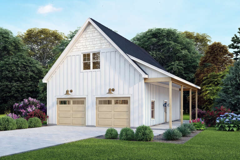 White Modern Farmhouse, Front Elevation, board-and-batten siding, wood garage doors, metal roof, sconces, landscaping. House Plan # 940-01467 Digital Rendering by America's Best House Plans, Inc.