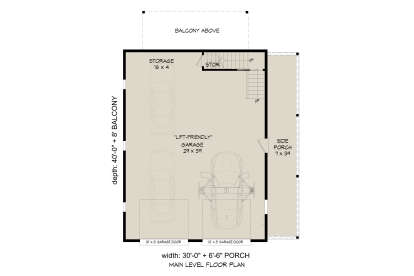 Main Floor: Lift-friendly 3-car garage, side porch, storage room, stairs. Unheated: garage, porch, storage areas. House Plan # 940-01467 Main Floor Floor Plan Drawing by America's Best House Plans, Inc.