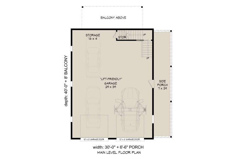 Main Floor: Lift-friendly 3-car garage, side porch, storage room, stairs. Unheated: garage, porch, storage areas. House Plan # 940-01467 Main Floor Floor Plan Drawing by America's Best House Plans, Inc.