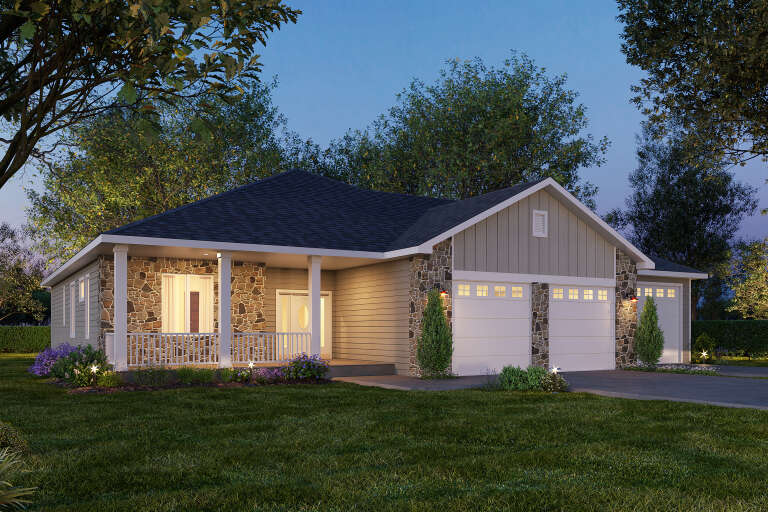 Tan Country, Angled Front Elevation, stone and lap siding, white porch railing, lit garage, landscaping, evening glow. House Plan # 5244-00027 Digital Rendering by America's Best House Plans, Inc.