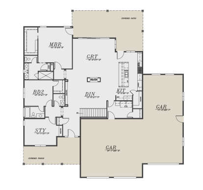 Main Floor: 2BR, 2BA, Study, GRT, DIN, KIT, Pantry, 3-car garage, stairs, covered porch, covered patio, see-thru fireplace. House Plan # 5244-00027 Main Floor  Floor Plan Drawing by America's Best House Plans, Inc.