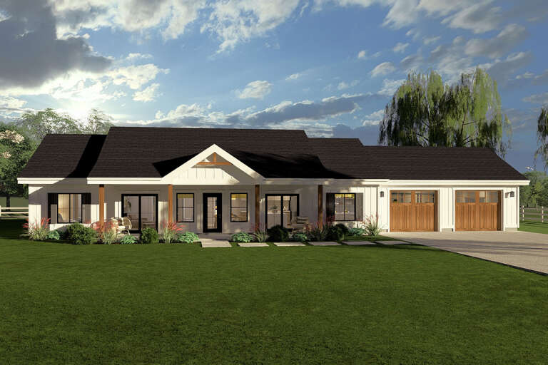 White Modern Farmhouse, Front Elevation, vertical siding, wood garage doors, porch posts, stone path, lush landscaping. House Plan # 2699-00065 Digital Rendering by America's Best House Plans, Inc.