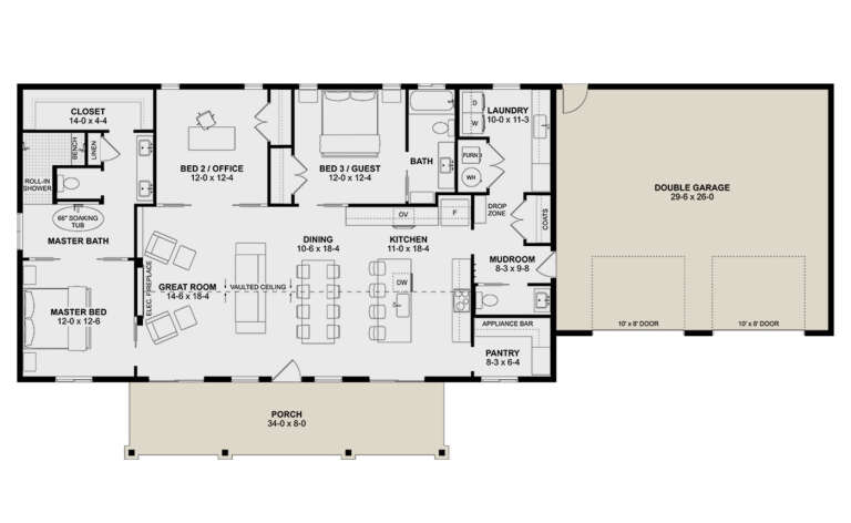 Main Floor: 3BR, 2BA, Great Rm (vaulted), Kitchen, Dining, Pantry, Mudrm, Ldry, 2-car garage, Porch, Elec. Fireplace. House Plan # 2699-00065 Main Floor  Floor Plan Drawing by America's Best House Plans, Inc.