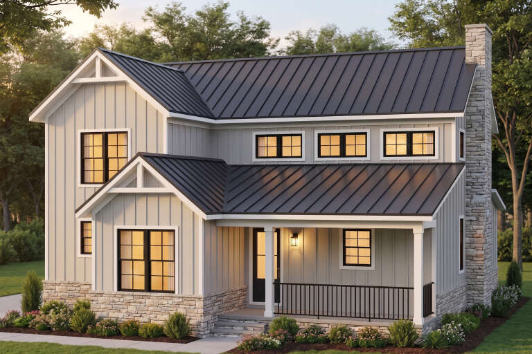 Grey Modern Farmhouse, Angled Front Elevation, board-and-batten siding, stone base, metal roof, lit porch, lush garden. House Plan # 940-01468 Digital Rendering by America's Best House Plans, Inc.