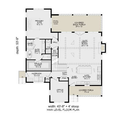 Main Floor: 1BR, 1.5BA, Vaulted Great Rm, Kitchen, Office, Mudroom, WIC, Pantry, 2 Covered Porches, Bsmt Stairs, Fireplace. House Plan # 940-01468 Main Floor  Floor Plan Drawing by America's Best House Plans, Inc.