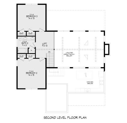 Second Floor: 2BR, 1BA, Loft, 4 closets, stairs. 9' ceilings in BRs. Overlooks vaulted Great Room and Kitchen below. House Plan # 940-01468 Second Floor Floor Plan Drawing by America's Best House Plans, Inc.