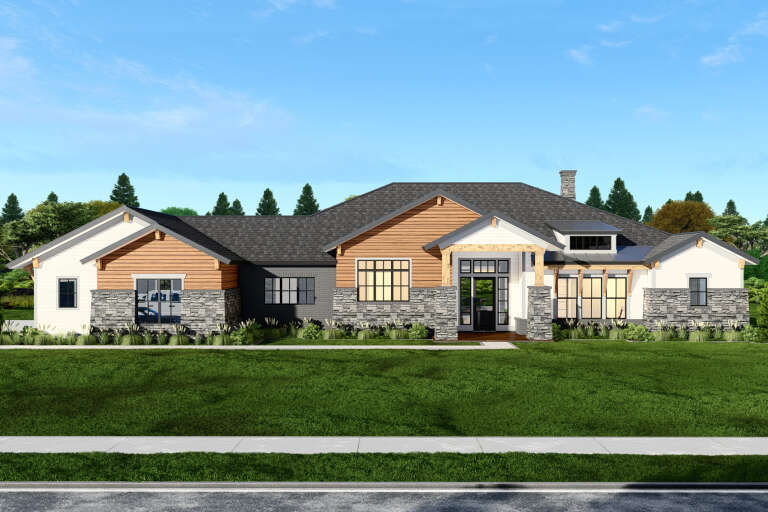 White Contemporary Front Elevation, mixed stone and wood siding, timber accents, dark roof, and lush front landscaping. House Plan # 3571-00042 Digital Rendering by America's Best House Plans, Inc.