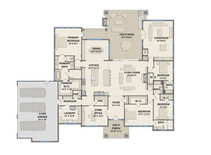 Main Floor: 4BR, 3.5BA, Living, Dining, Kitchen, Gameroom, Office, 3-car garage, Cov'd Patio, Porch, WICs, Pantry, Mudroom. House Plan # 3571-00042 Main Floor  Floor Plan Drawing by America's Best House Plans, Inc.