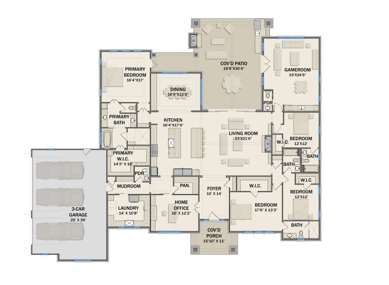 Main Floor: 4BR, 3.5BA, Living, Dining, Kitchen, Gameroom, Office, 3-car garage, Cov'd Patio, Porch, WICs, Pantry, Mudroom. House Plan # 3571-00042 Main Floor  Floor Plan Drawing by America's Best House Plans, Inc.
