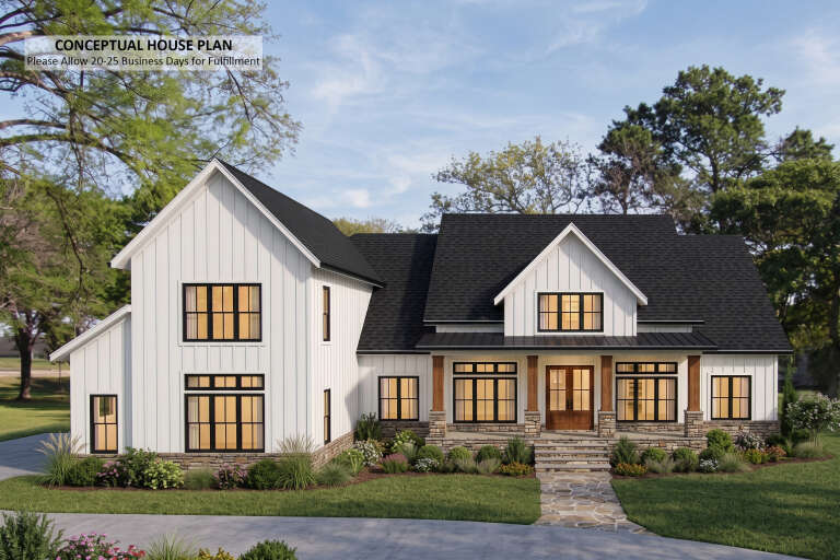 White Modern Farmhouse, Front Elevation, vertical siding, stone base, wooden porch columns, flagstone path, lush garden. House Plan # 6849-00183 Digital Rendering by America's Best House Plans, Inc.