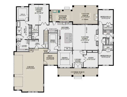 Main Floor: 3BR, 2.5BA, Vaulted Family/Suite/Porch, Kitchen, Dining, Study, Ldry, 3-car garage, 3 WIC, Pantry, 2 Porches. House Plan # 6849-00183 Main Floor  Floor Plan Drawing by America's Best House Plans, Inc.