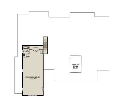 Bonus Room, Opt. BA, Closet, Stairs, Open to Foyer below. Unfinished heated/unheated space. House Plan # 6849-00183 Bonus Room Floor Plan Drawing by America's Best House Plans, Inc.