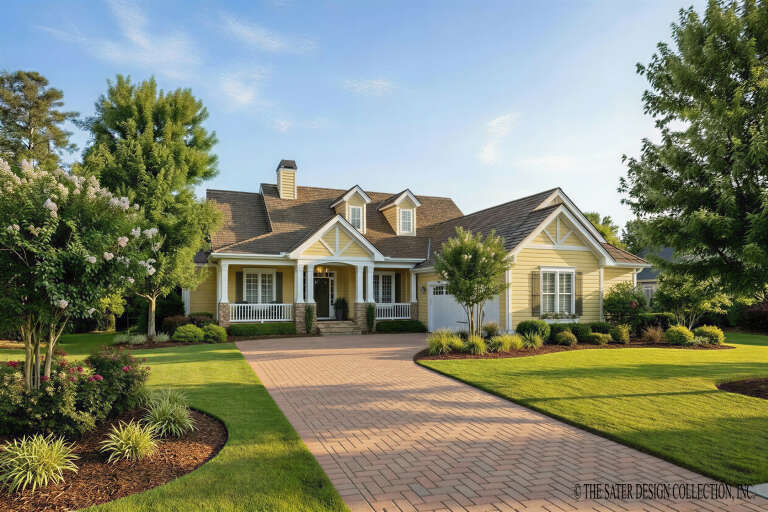 Yellow Traditional, Angled Front Elevation, lap siding, stone base, white columns, brick paver driveway, lush landscaping. House Plan # 8436-00160 Digital Rendering by America's Best House Plans, Inc.