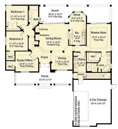Main Floor: 3BR, 2BA, Living (Vaulted), Dining/Study (Tray), Kitchen, Nook, Ldry, 2-car garage, 2 Porches, Fireplace, WICs. House Plan # 8436-00160 Main Floor Floor Plan Drawing by America's Best House Plans, Inc.