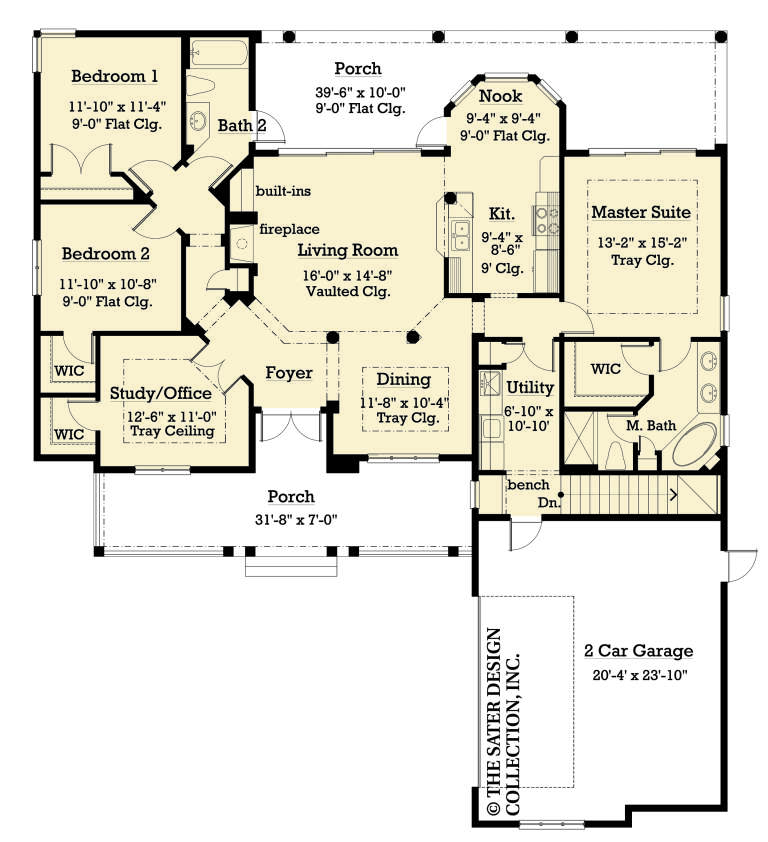 Main Floor: 3BR, 2BA, Living (Vaulted), Dining/Study (Tray), Kitchen, Nook, Ldry, 2-car garage, 2 Porches, Fireplace, WICs. House Plan # 8436-00160 Main Floor Floor Plan Drawing by America's Best House Plans, Inc.