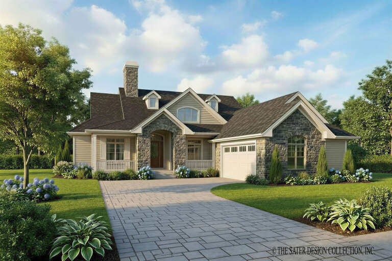 Tan and Gray Stone, Angled Front Elevation, horizontal siding, arched entryway, stone chimney, paver driveway, landscaping. House Plan # 8436-00161 Digital Rendering by America's Best House Plans, Inc.