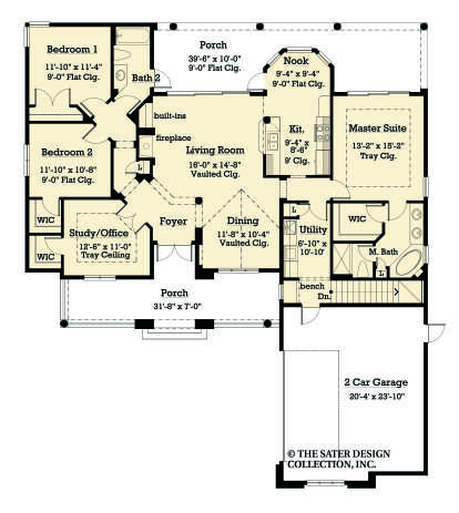 Main Floor: 3BR, 2BA, Vaulted Living/Dining, Nook, Study, 2-car garage, 2 porches, 3 WIC, fireplace, tray/vaulted ceilings. House Plan # 8436-00161 Main Floor Floor Plan Drawing by America's Best House Plans, Inc.
