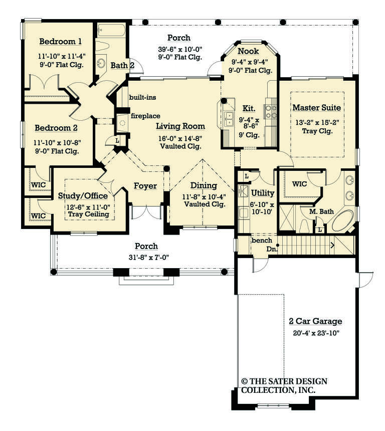 Main Floor: 3BR, 2BA, Vaulted Living/Dining, Nook, Study, 2-car garage, 2 porches, 3 WIC, fireplace, tray/vaulted ceilings. House Plan # 8436-00161 Main Floor Floor Plan Drawing by America's Best House Plans, Inc.