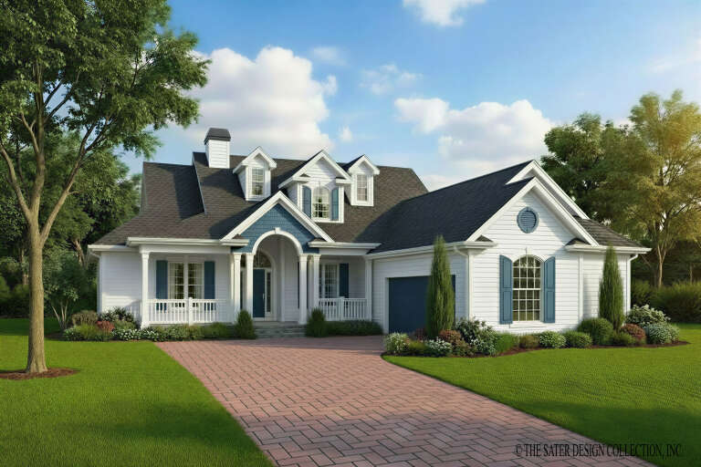 White and blue siding, Angled Front Elevation, horizontal lap, blue shutters, arched entry, dormers, brick paver driveway. House Plan # 8436-00162 Digital Rendering by America's Best House Plans, Inc.