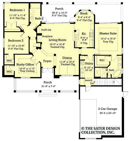 Main Floor: 3BR, 2BA, Vaulted Living/Dining, Kitchen, Nook, Study, Ldry, 2-car garage, 2 Porches, Fireplace, Tray ceilings. House Plan # 8436-00162 Main Floor Floor Plan Drawing by America's Best House Plans, Inc.