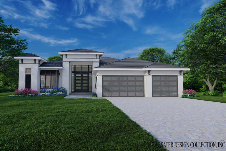 White Contemporary, Angled Front Elevation, stucco siding, dark tile roof, glass garage doors, stone driveway, flowers. House Plan # 8436-00163 Digital Rendering by America's Best House Plans, Inc.