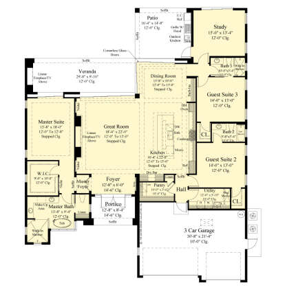 Main Floor: 3BR, 3BA, Great Room, Kitchen, Dining, Study, Ldry, 3-car garage, Veranda, Patio, Portico, 2 fireplaces, WIC. House Plan # 8436-00163 Main Floor Floor Plan Drawing by America's Best House Plans, Inc.