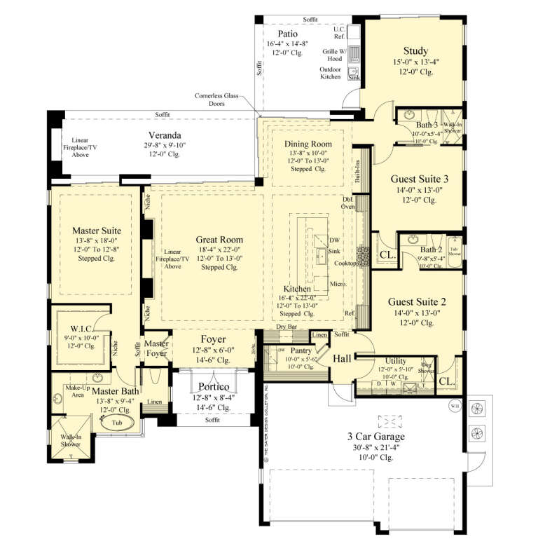 Main Floor: 3BR, 3BA, Great Room, Kitchen, Dining, Study, Ldry, 3-car garage, Veranda, Patio, Portico, 2 fireplaces, WIC. House Plan # 8436-00163 Main Floor Floor Plan Drawing by America's Best House Plans, Inc.