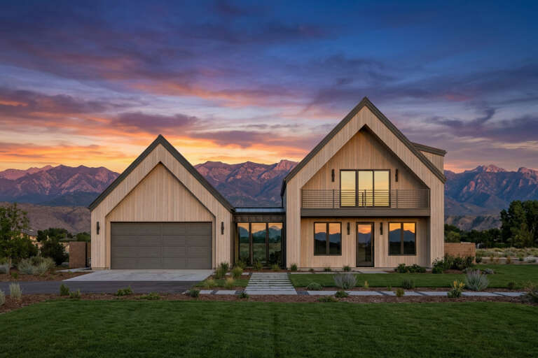 Tan Modern Transitional, Front Elevation at dusk, vertical wood siding, balcony, lit windows, mountain backdrop, lawn. House Plan # 7983-00199 Digital Rendering by America's Best House Plans, Inc.