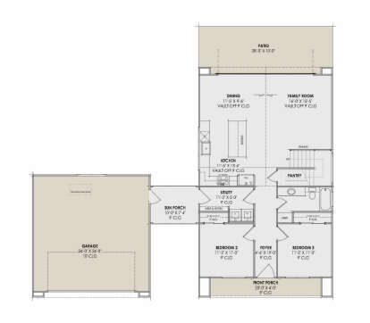 Main Floor: 2BR, 1BA, Kitchen, Dining, Family, Foyer, Ldry, Pantry, 2-car garage, Sun Porch, Front Porch, Patio, Stairs. House Plan # 7983-00199 Main Floor  Floor Plan Drawing by America's Best House Plans, Inc.