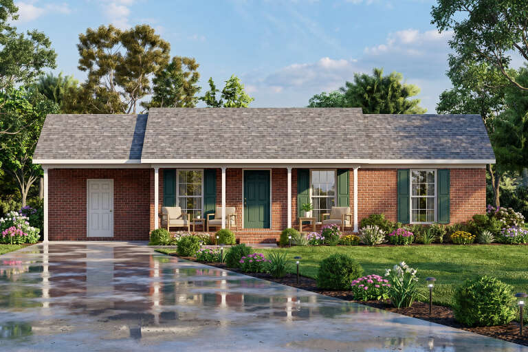 Red Traditional Front Elevation, brick siding, green shutters, porch seating, path lighting, and lush garden landscaping. House Plan # 699-00535 Digital Rendering by America's Best House Plans, Inc.